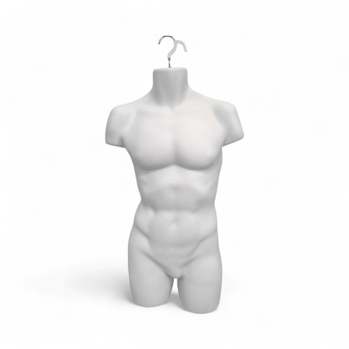 White Male Hanging Body Form 960mm Matt Plastic Display Torso Mannequin, full-height product view on a white background, brightly lit product image