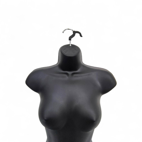 Black Female Hanging Body Form Matt Plastic Display Torso Mannequin, full-height product view on a white background, balanced, centred square layout