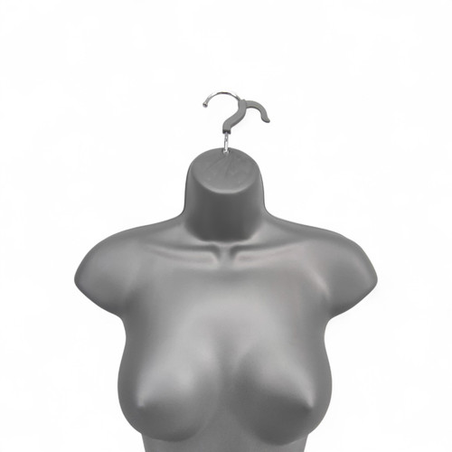 Silver Female Hanging Body Form Matt Plastic Display Torso Mannequin, full-height product view on a white background, balanced, centred square layout