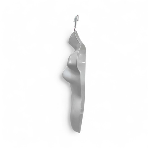 White Glossy Female Hanging Body Form Plastic Display Torso Mannequin, full-height product view on a white background, open, centred square layout