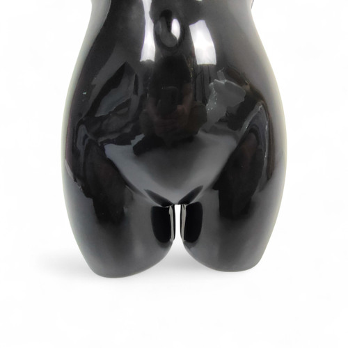 Black Glossy Female Hanging Body Form Plastic Display Torso Mannequin, full-height product view on a white background, evenly lit product image