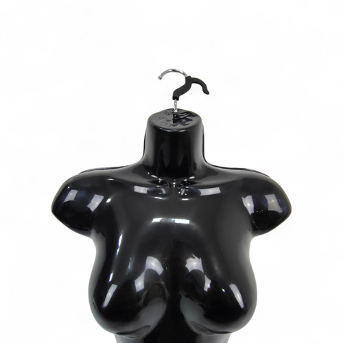 Black Glossy Female Hanging Body Form Plastic Display Torso Mannequin, full-height product view on a white background, full-height product photograph