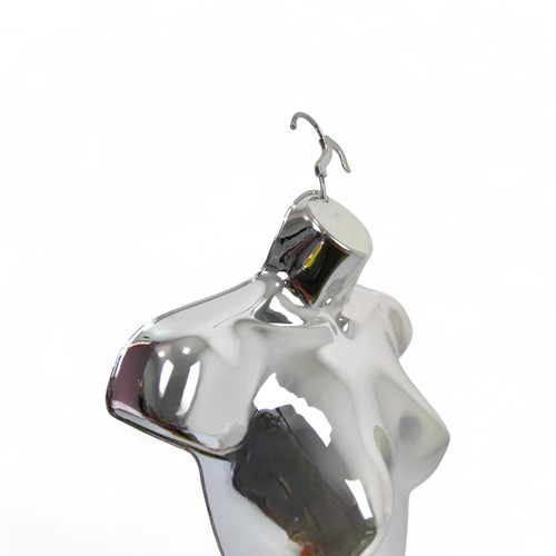 Chrome Glossy Female Hanging Body Form Plastic Display Torso Mannequin, full-height product view on a white background, full-height product photograph