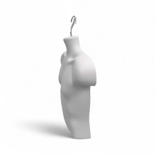 White Male Hanging Half Body Form Matt Plastic Display Torso Mannequin, full-height product view on a white background, brightly lit product image