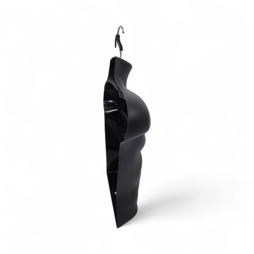 Black Male Hanging Half Body Form Matt Plastic Display Torso Mannequin, full-height product view on a white background, full-height product photograph