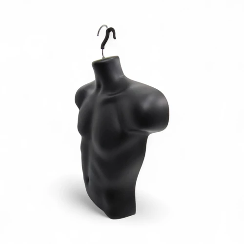 Black Male Hanging Half Body Form Matt Plastic Display Torso Mannequin, full-height product view on a white background, brightly lit product image