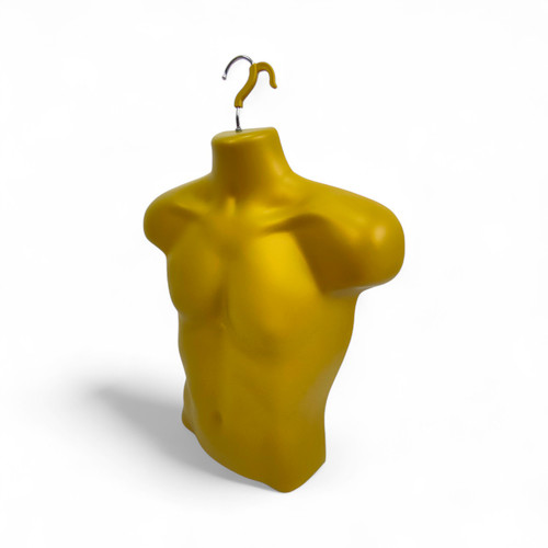Gold Male Hanging Half Body Form Matt Plastic Display Torso Mannequin, full-height product view on a white background, brightly lit product image
