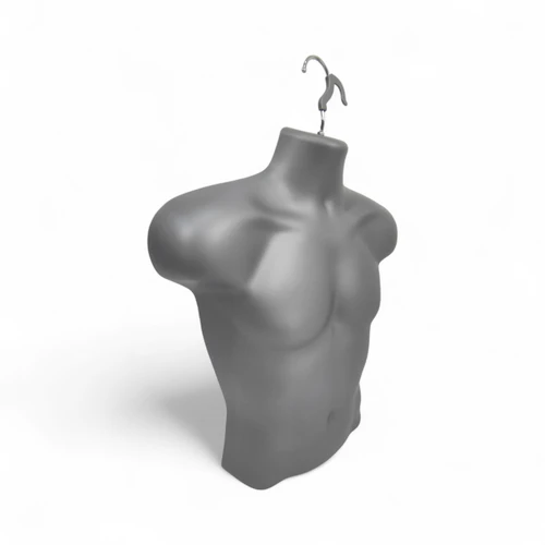 Silver Male Hanging Half Body Form Matt Plastic Display Torso Mannequin, full-height product view on a white background, full-height product photograph