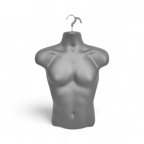 Silver Male Hanging Half Body Form Matt Plastic Display Torso Mannequin, full-height product view on a white background