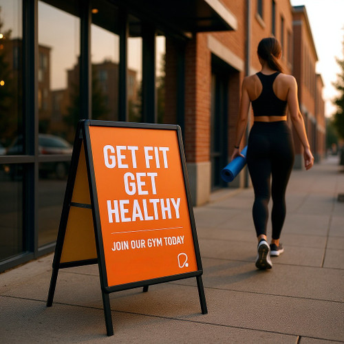 A1 Black A-Board Pavement Sign Double Sided Outdoor Poster Display A-Frame, printed product shown against a coloured background