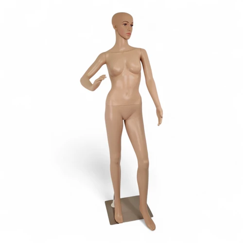 Full-length F9 mannequin on its rectangular base, with head turned and one arm raised