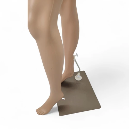 Close-up of the F9 mannequin's feet and calf support attached to the rectangular base