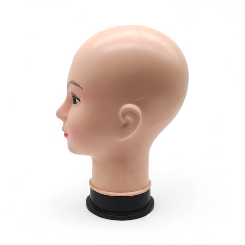 Female Bald Mannequin Head, full-height product view on a white background, brightly lit product image