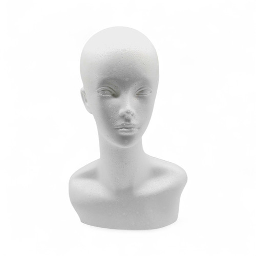 Female Polystyrene Mannequin Head with Shoulders White Display for Wigs & Accessories, full-height product view on a white background