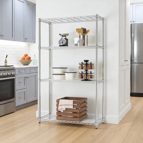 Chrome 4 Tier Wire Shelving Metal Storage Shelf Home Office Kitchen Rack Stand, product shown against a light background, balanced, centred square layout