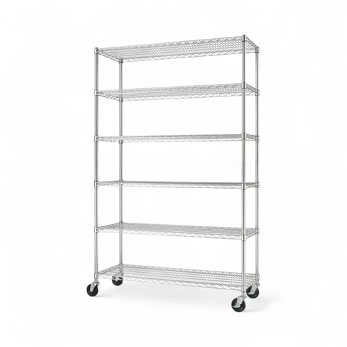 6-Tier Chrome Metal Storage Rack with Wheels, full-height product view on a white background