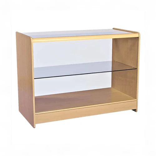 Maple-framed glass retail showcase counter with three display shelves