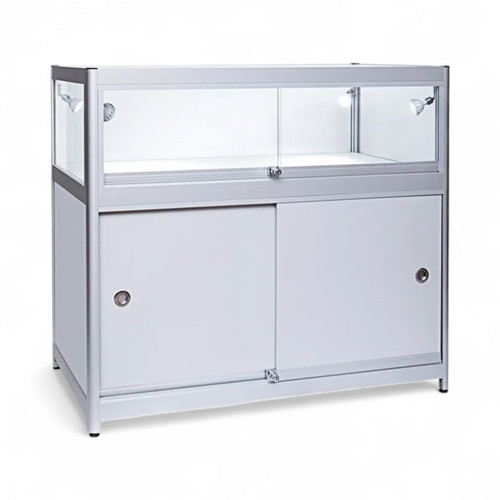 Grey Aluminium Showcase 1/3 Glass Display Cabinet with LED Lights & Storage