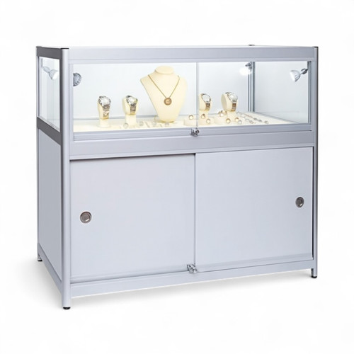 Grey Aluminium Showcase 1/3 Glass Display Cabinet with LED Lights & Storage