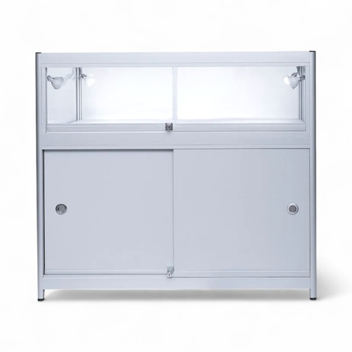 Grey Aluminium Showcase 1/3 Glass Display Cabinet with LED Lights & Storage