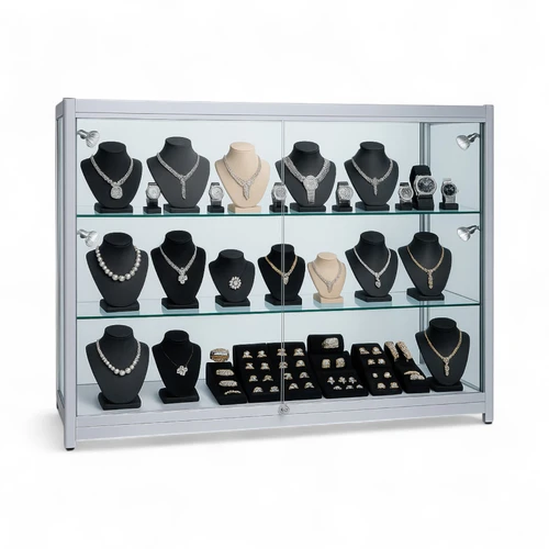 Grey Aluminium Full Glass Showcase Display Cabinet with LED Lights & Storage, product shown on a white background, balanced, centred square layout