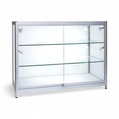 Grey Aluminium Full Glass Showcase Display Cabinet with LED Lights & Storage