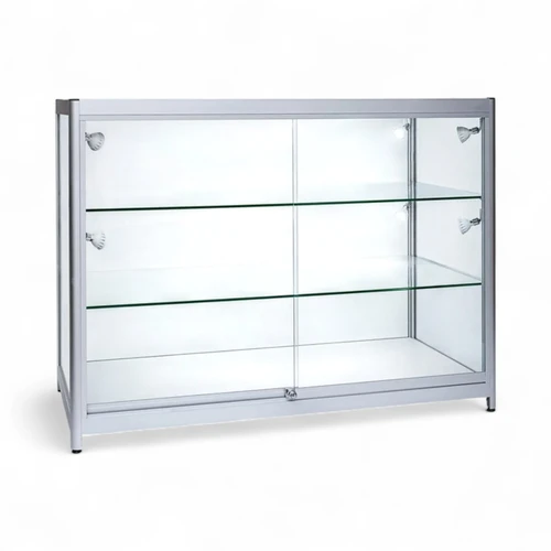Grey Aluminium Full Glass Showcase Display Cabinet with LED Lights & Storage, product shown on a white background, brightly lit product image
