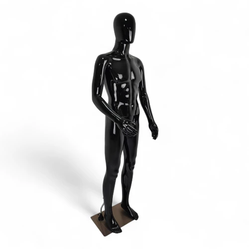 Three-quarter front view of the glossy black faceless male mannequin