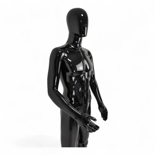 Three-quarter upper-body view of the glossy black faceless mannequin