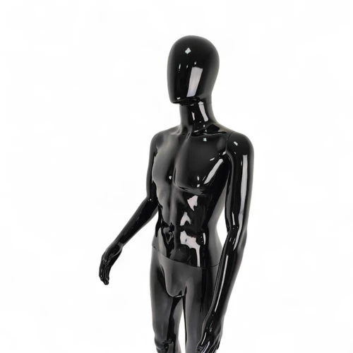 Angled upper-body view of the glossy black faceless mannequin