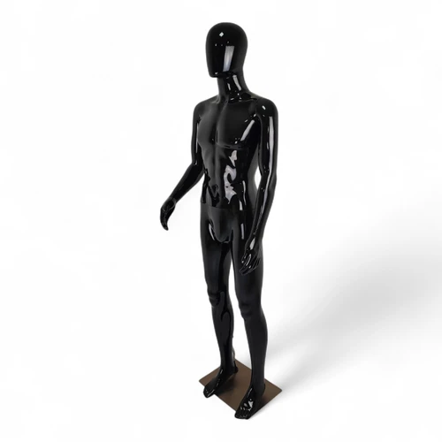 Three-quarter view of the glossy black faceless male mannequin