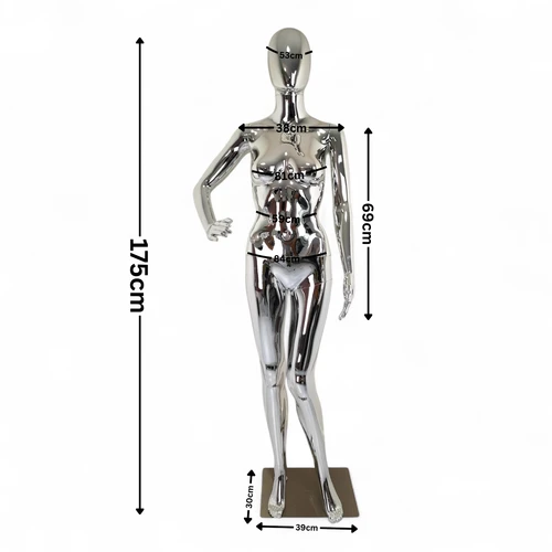 Female Faceless Chrome Display Egg Head Mannequin, dimension guide on a white background