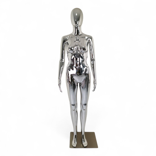 Female Faceless Chrome Display Egg Head Mannequin –Sleek Retail Showcase
