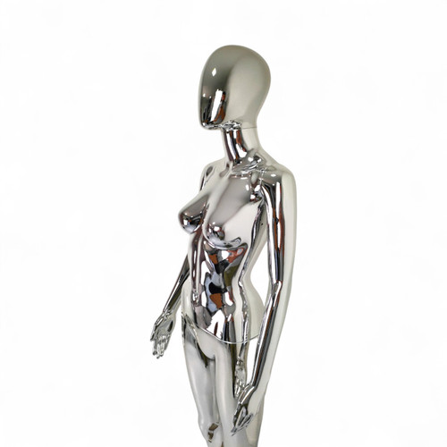 Female Faceless Chrome Display Egg Head Mannequin, full-height product view on a white background, gallery image 9 of 15