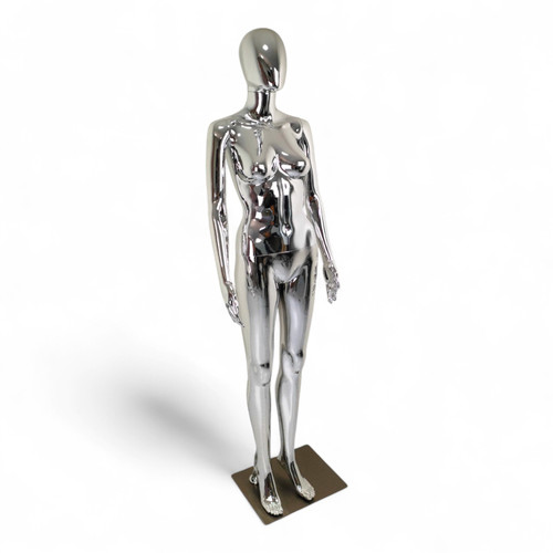 Female Faceless Chrome Display Egg Head Mannequin, full-height product view on a white background, gallery image 12 of 15