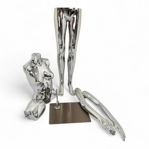 Female Faceless Chrome Display Egg Head Mannequin, close product view on a white background