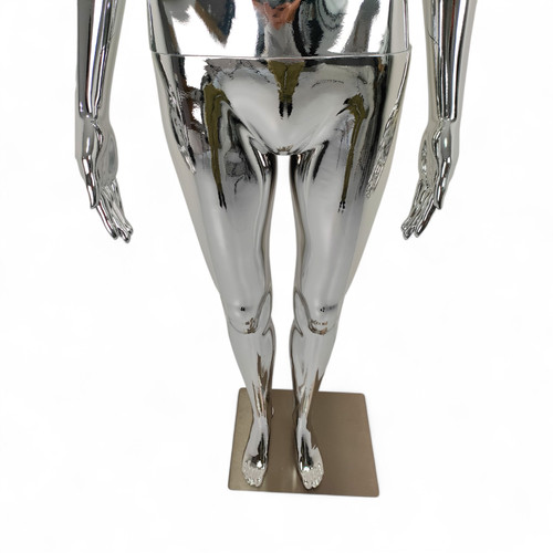 Female Faceless Chrome Display Egg Head Mannequin, product shown on a white background