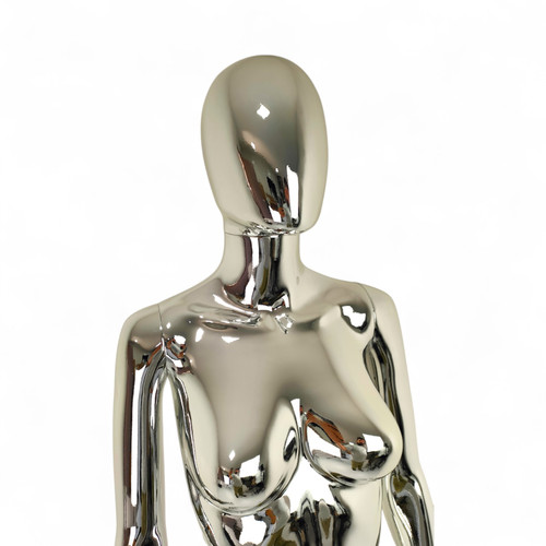 Female Faceless Chrome Display Egg Head Mannequin, full-height product view on a white background, gallery image 13 of 15