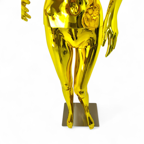 Female Faceless Gold Display Egg Head Mannequin, full-height product view on a white background, brightly lit product image