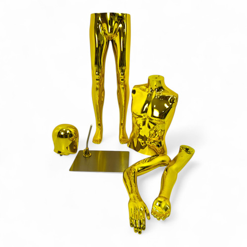 Male Faceless Glossy Gold Display Egg Head Mannequin, full-height product view on a white background, gallery image 14 of 14