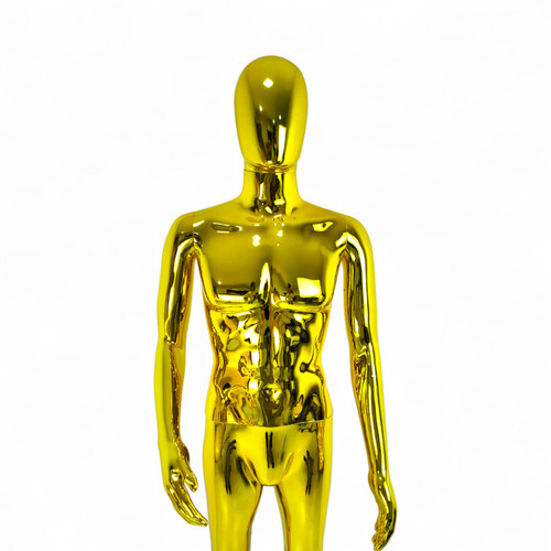 Male Faceless Glossy Gold Display Egg Head Mannequin, full-height product view on a white background, brightly lit product image