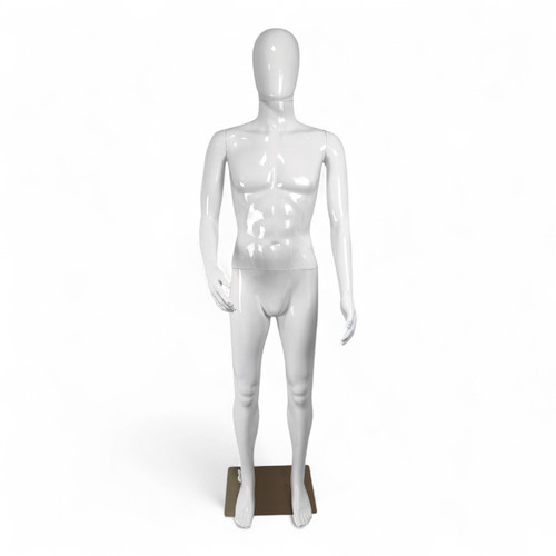 Male Faceless Glossy White Display Egg Head Mannequin, full-height product view on a white background