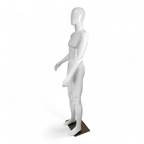 Male Faceless Glossy White Display Egg Head Mannequin, full-height product view on a white background, gallery image 9 of 17