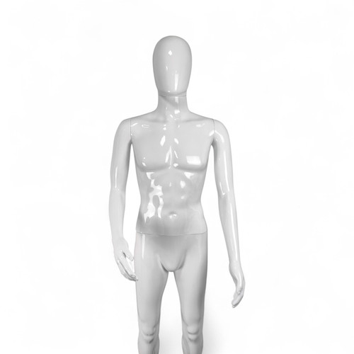 Male Faceless Glossy White Display Egg Head Mannequin, full-height product view on a white background, balanced, centred square layout