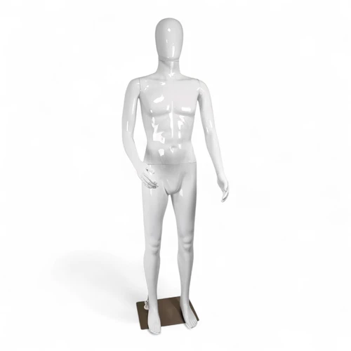 Male Faceless Glossy White Display Egg Head Mannequin, full-height product view on a white background, gallery image 13 of 17