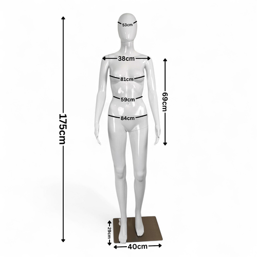 Glossy White Female Faceless Display Egg Head Mannequin, dimension guide on a white background