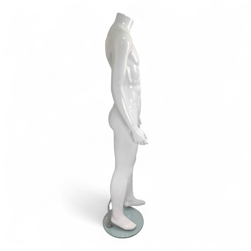 Headless Male Fiberglass Mannequin Glossy White Finish with Glass Stand 166cm