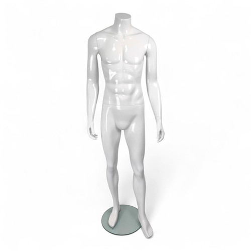 Headless Male Fiberglass Mannequin Glossy White Finish with Glass Stand 166cm