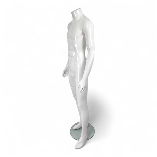 Headless Male Fiberglass Mannequin Glossy White Finish with Glass Stand 166cm