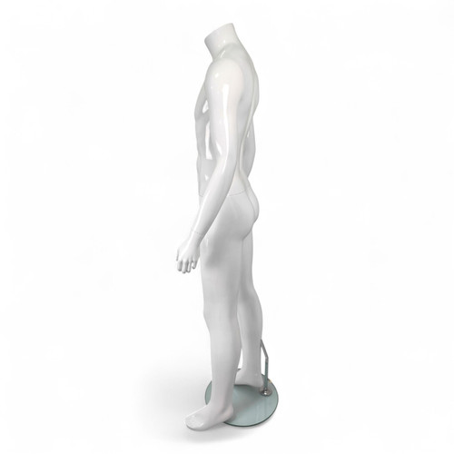 Headless Male Fiberglass Mannequin Glossy White Finish with Glass Stand 166cm